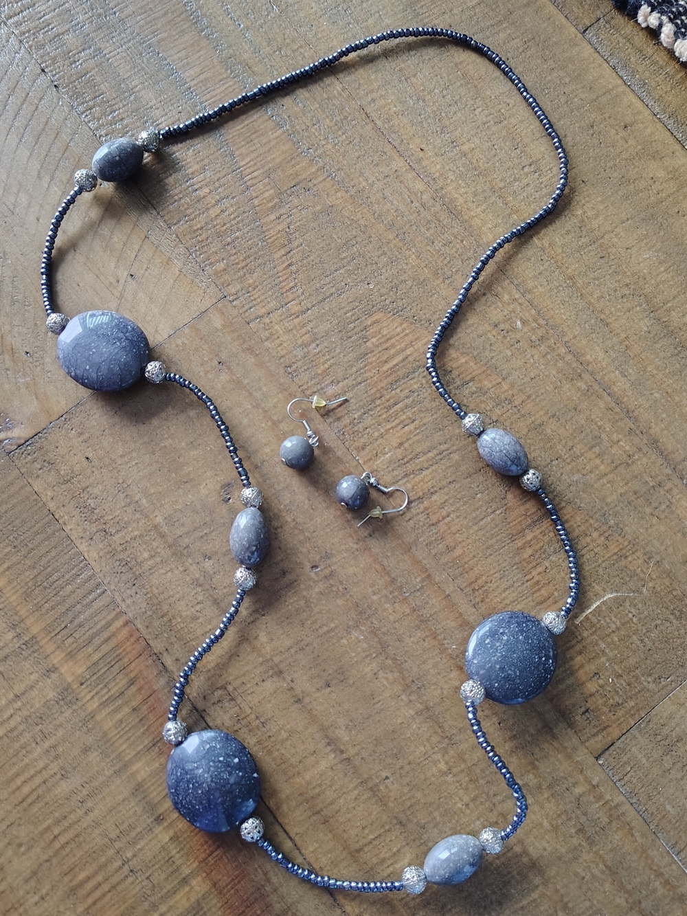 Delicate Gray Bead Necklace and Earring Set